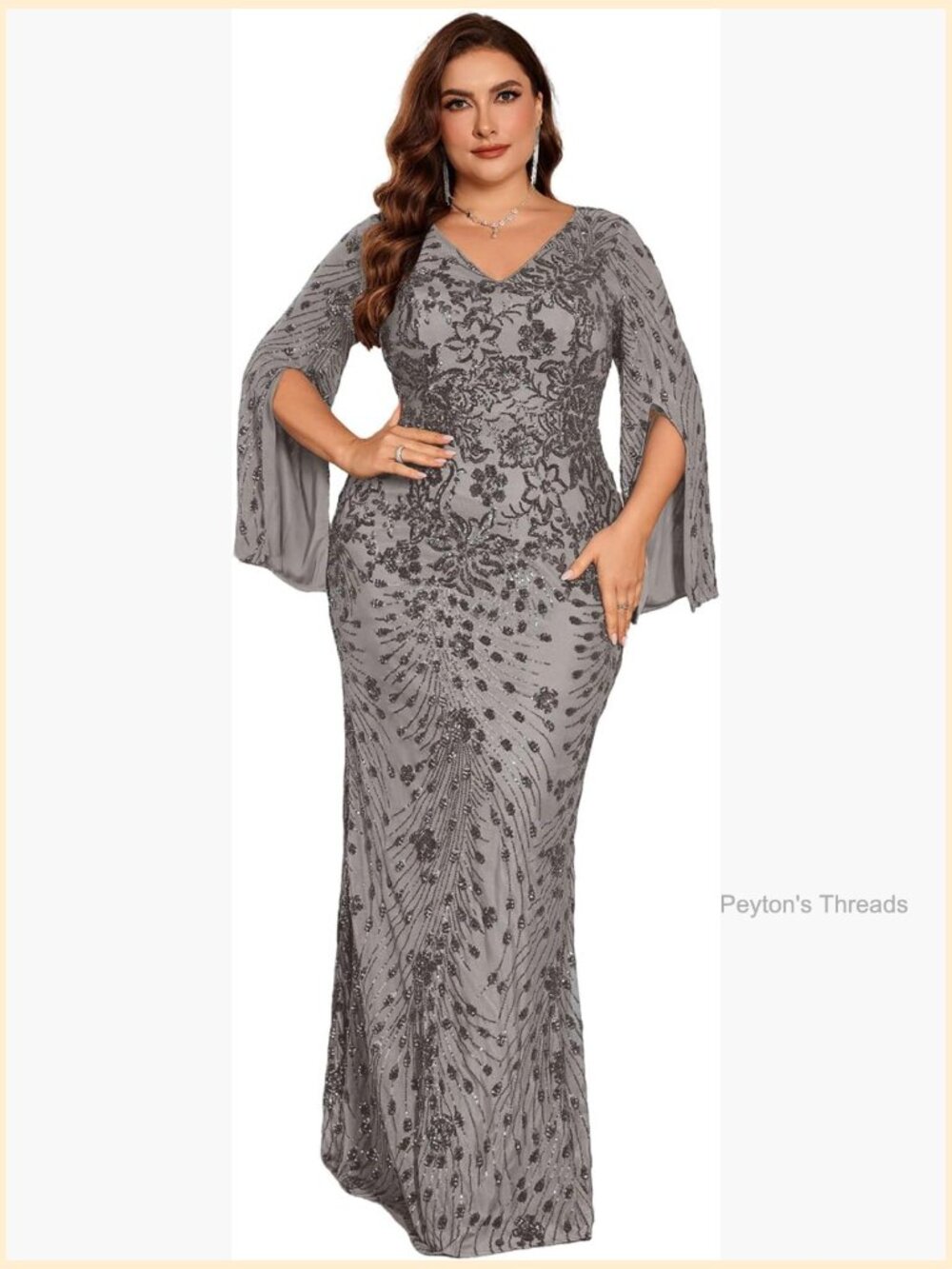 Plus Size Sequin V-Neck Mermaid Maxi Dress with Cape Sleeve for Wedding Party